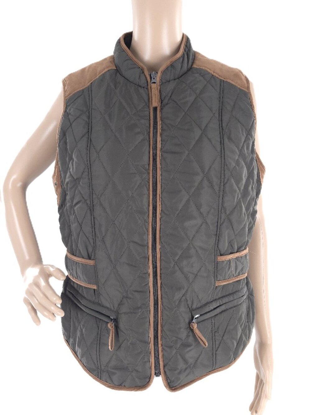 Filly Flair Women Vest Full Zip Pockets Color Green Brown Beige Size L